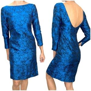 Vintage 50s 60s blue metallic floral fitted bodycon knee length low back dress